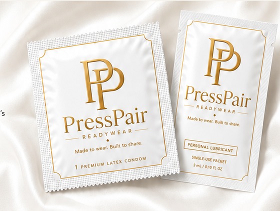 PressPair condom and personal lubricant packets on white silk